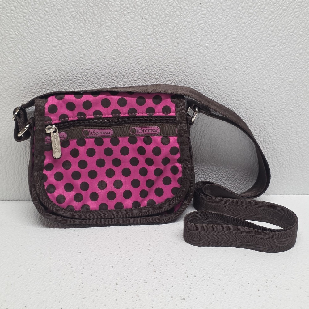 Le Sportsac Mini Pink Purple Brown Polka-dot Purse Crossbody Handbag